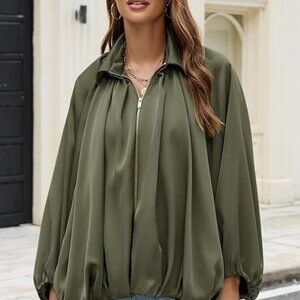 Talakeno Oversized Olive Green Puffed Bomber Pleated Jacket / Batwing Sleeves  M